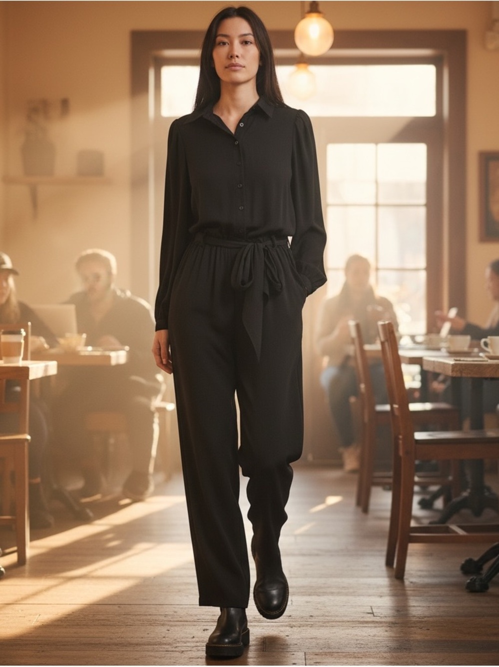 Max Studio Black Blouson Long Sleeve Tie Waist Wide Leg Jumpsuit XL